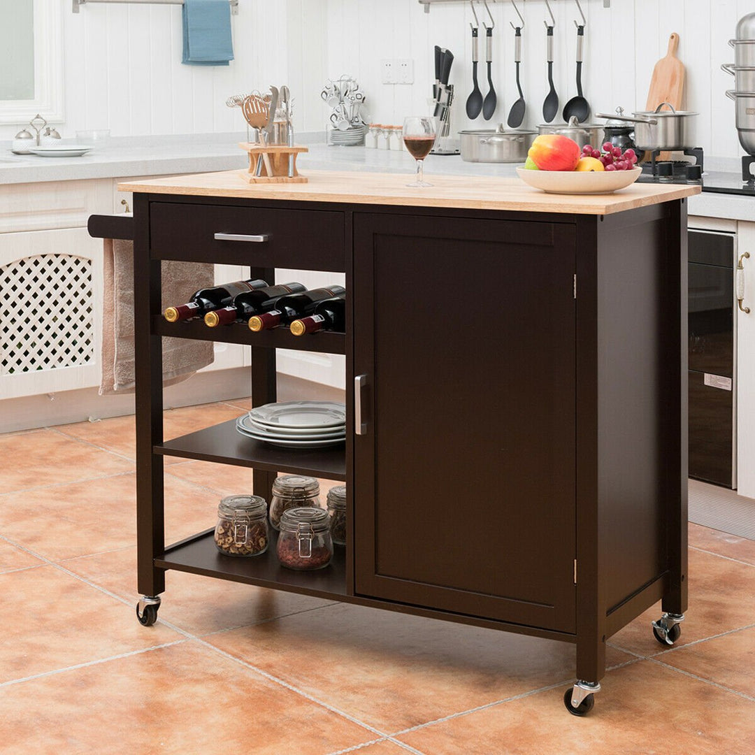 4-Tier Wood Kitchen Island Trolley Cart Storage Cabinet w/ Wine Rack and Drawer Image 3