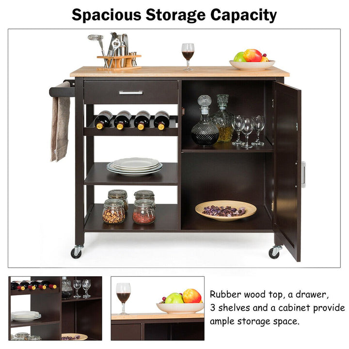 4-Tier Wood Kitchen Island Trolley Cart Storage Cabinet w/ Wine Rack and Drawer Image 6