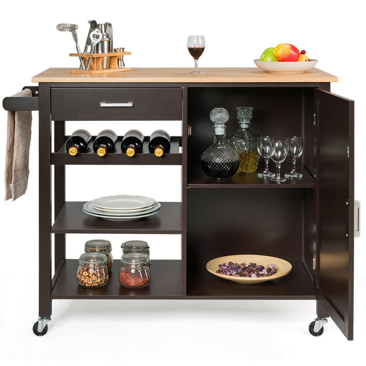 4-Tier Wood Kitchen Island Trolley Cart Storage Cabinet w/ Wine Rack and Drawer Image 8