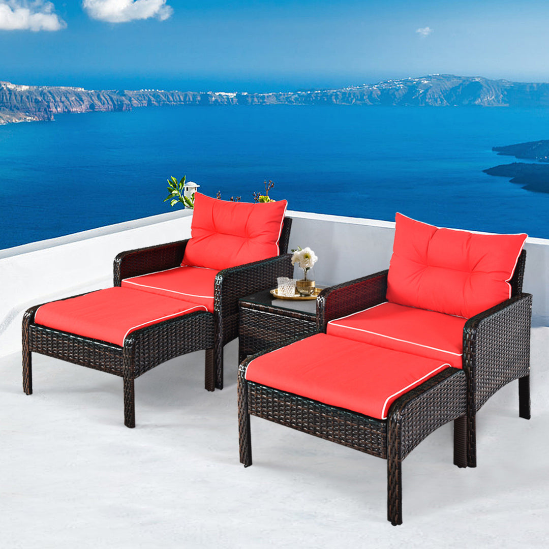 5PCS Patio Set Sectional Rattan Wicker Furniture Set w/ Red Cushion Image 1