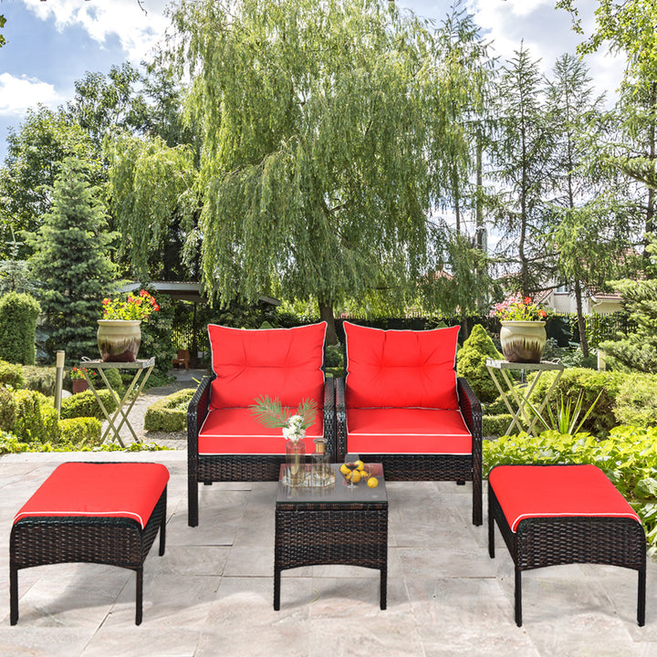 5PCS Patio Set Sectional Rattan Wicker Furniture Set w/ Red Cushion Image 3