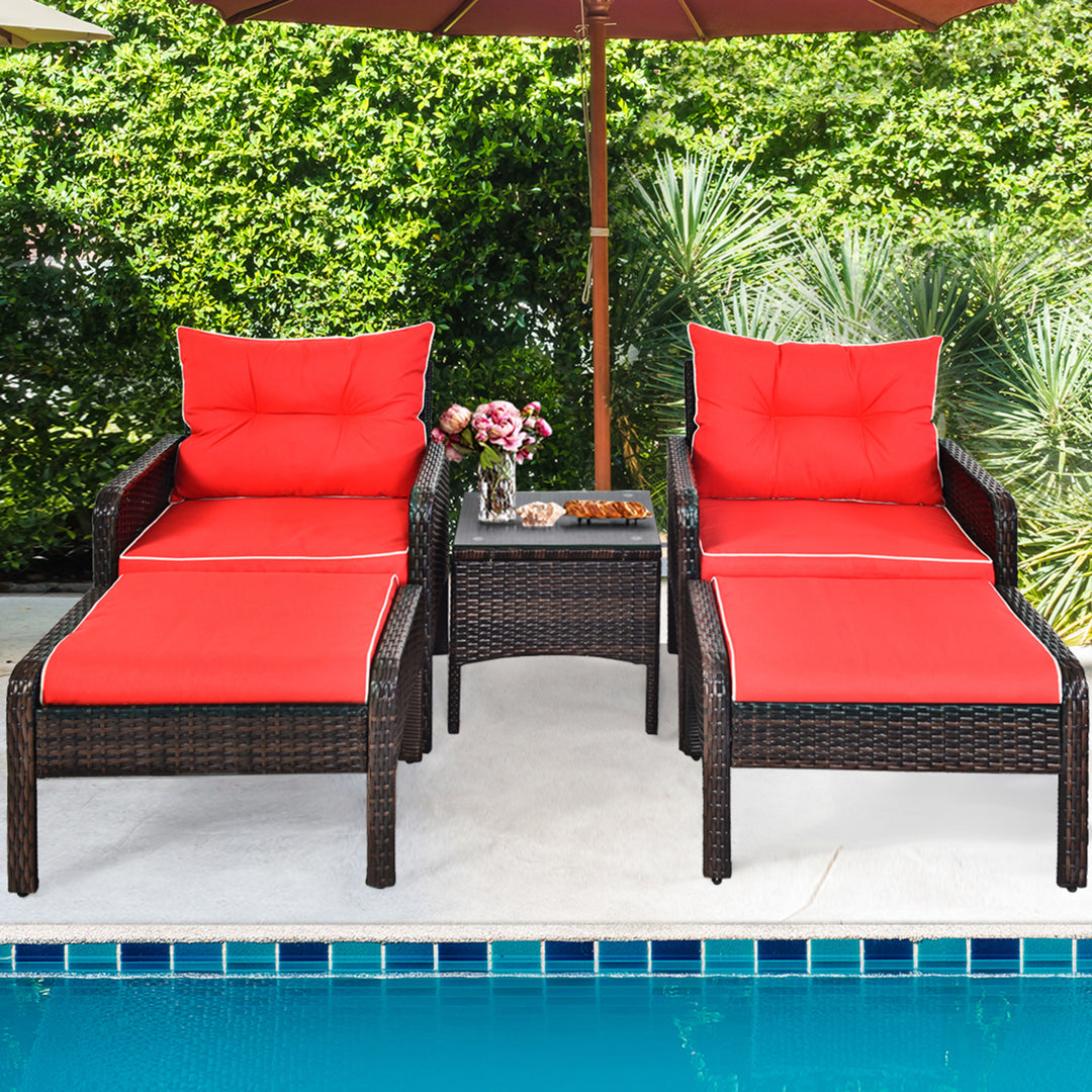 5PCS Patio Set Sectional Rattan Wicker Furniture Set w/ Red Cushion Image 4