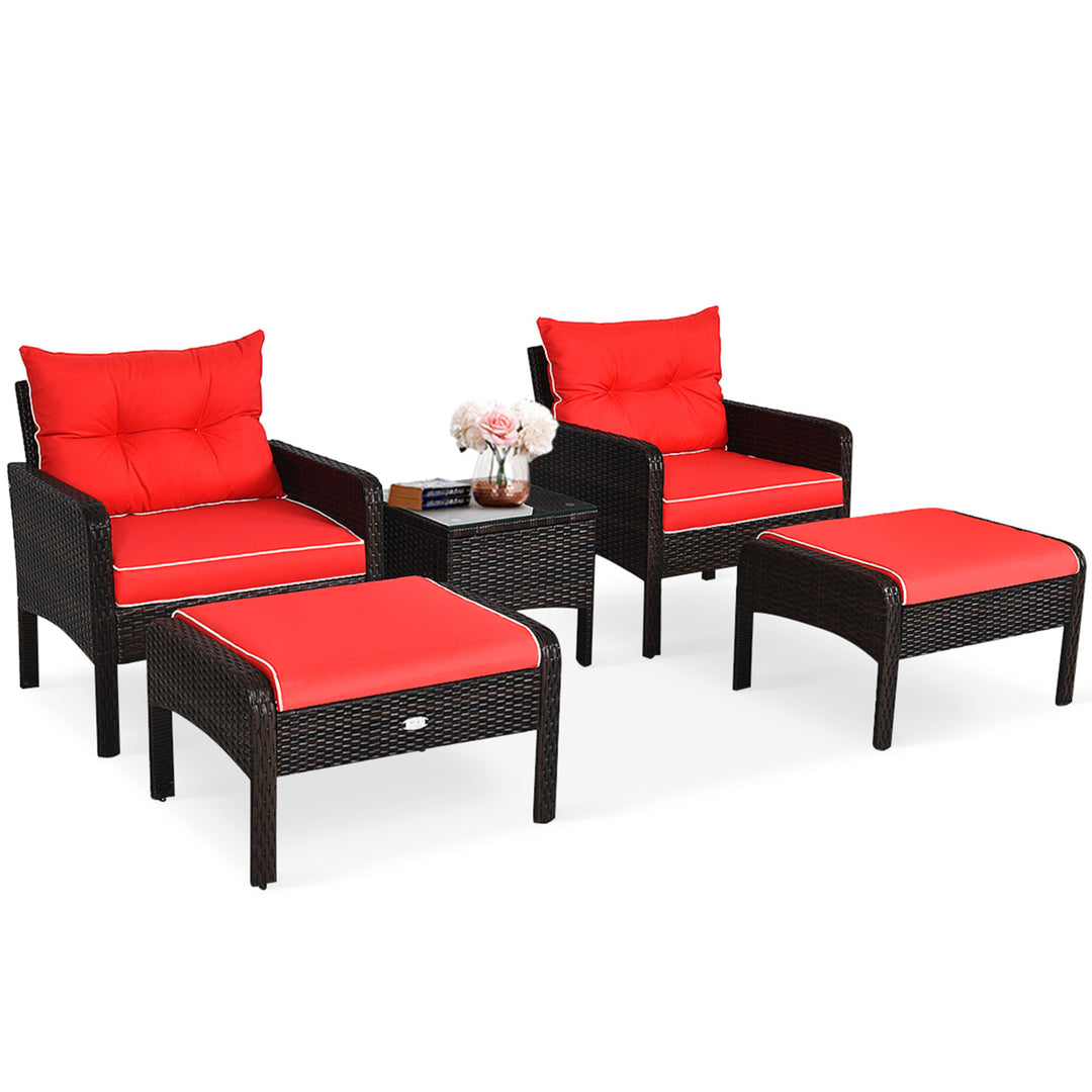 5PCS Patio Set Sectional Rattan Wicker Furniture Set w/ Red Cushion Image 5