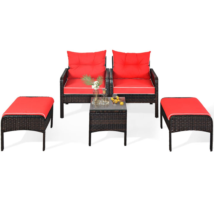 5PCS Patio Set Sectional Rattan Wicker Furniture Set w/ Red Cushion Image 6