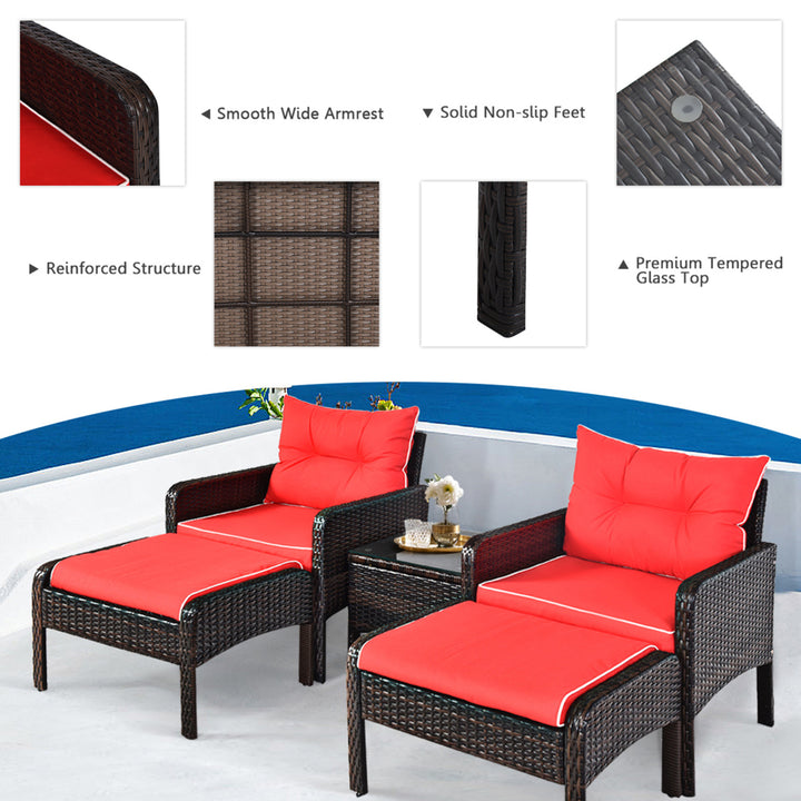 5PCS Patio Set Sectional Rattan Wicker Furniture Set w/ Red Cushion Image 8