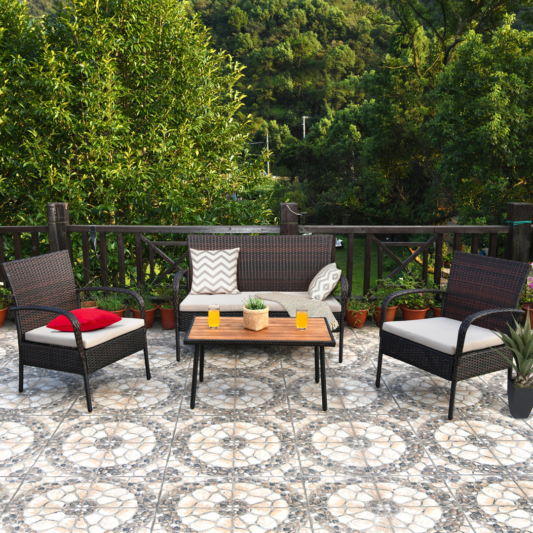 4PCS Cushioned Rattan Patio Conversation Set Outdoor Furniture Set Image 1