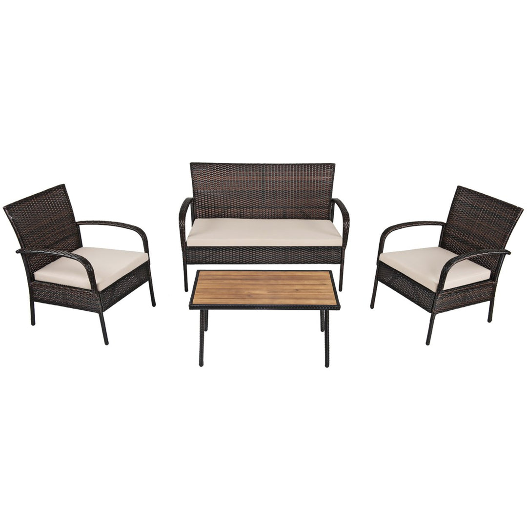 4PCS Cushioned Rattan Patio Conversation Set Outdoor Furniture Set Image 5