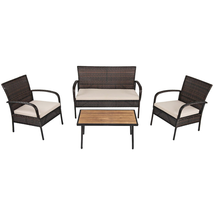 4PCS Cushioned Rattan Patio Conversation Set Outdoor Furniture Set Image 5