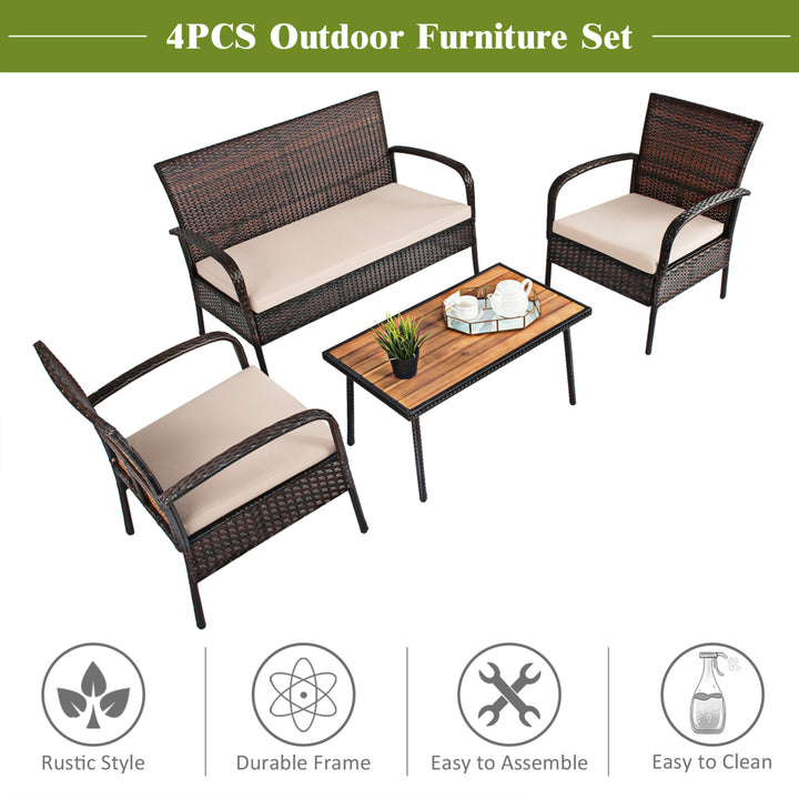 4PCS Cushioned Rattan Patio Conversation Set Outdoor Furniture Set Image 6