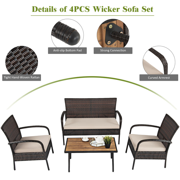 4PCS Cushioned Rattan Patio Conversation Set Outdoor Furniture Set Image 10