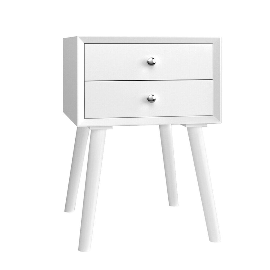 Wooden Nightstand Mid-Century End Side Table Bedroom W/2 Storage Drawers White Image 1