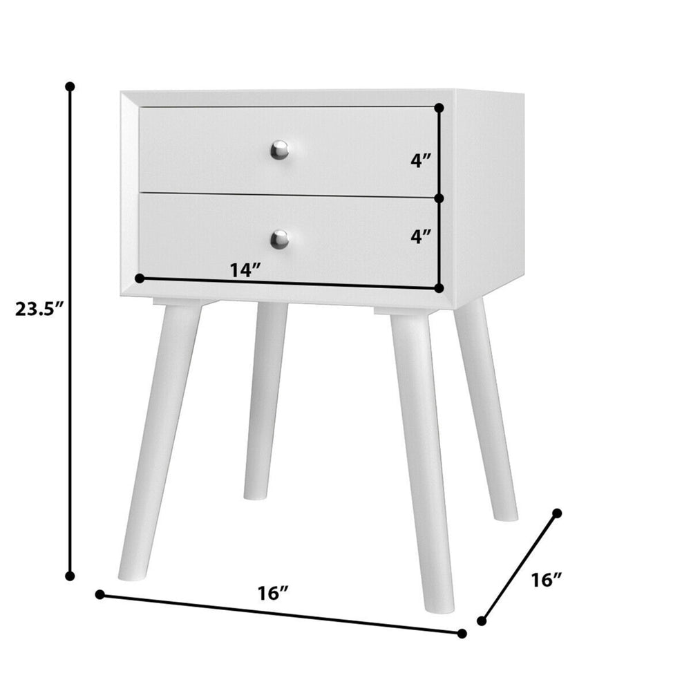 Wooden Nightstand Mid-Century End Side Table Bedroom W/2 Storage Drawers White Image 2