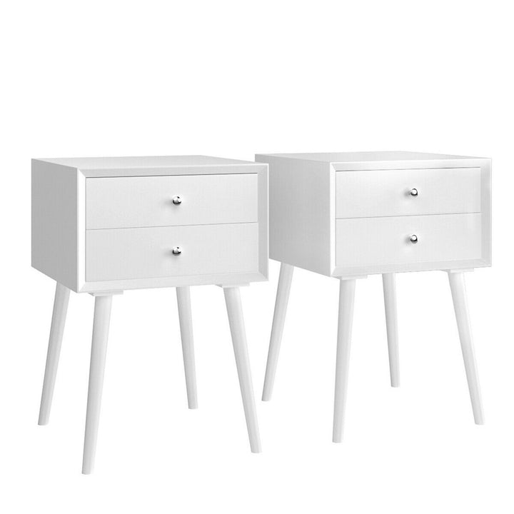 2PCS Wooden Nightstand Mid-Century End Side Table W/2 Storage Drawers White Image 1