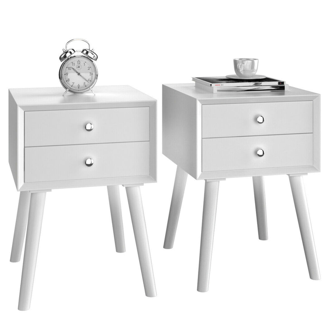 2PCS Wooden Nightstand Mid-Century End Side Table W/2 Storage Drawers White Image 6