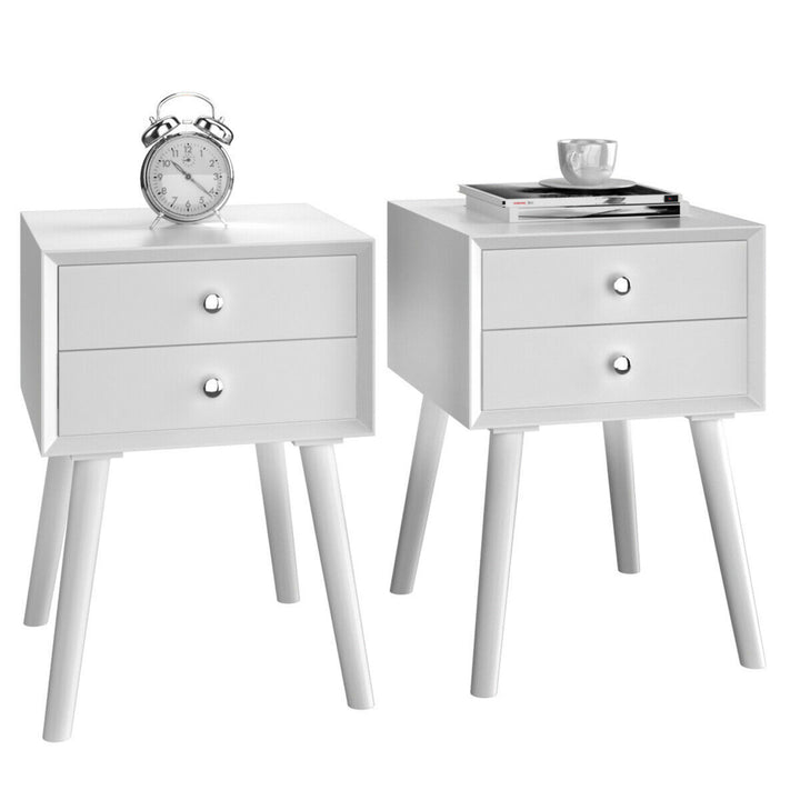 2PCS Wooden Nightstand Mid-Century End Side Table W/2 Storage Drawers White Image 6