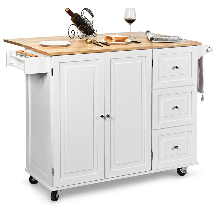 Drop-Leaf Kitchen Island Trolley Cart Wood Storage Cabinet w/ Spice Rack White Image 1