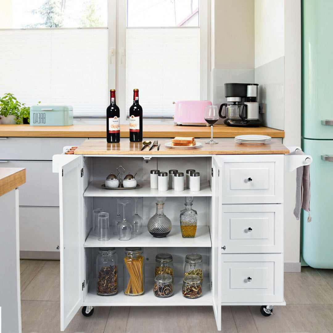 Drop-Leaf Kitchen Island Trolley Cart Wood Storage Cabinet w/ Spice Rack White Image 3