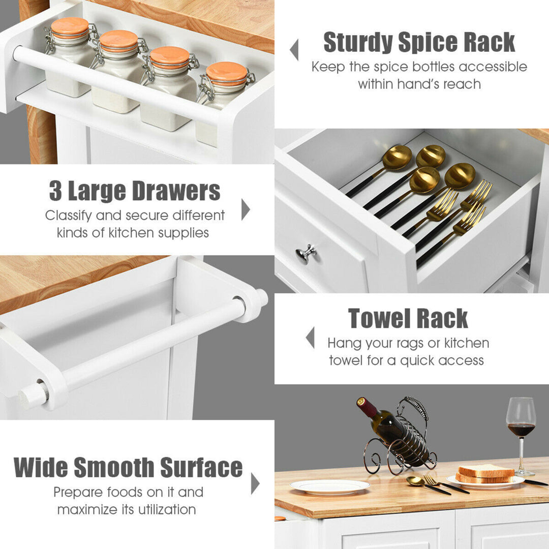 Drop-Leaf Kitchen Island Trolley Cart Wood Storage Cabinet w/ Spice Rack White Image 10