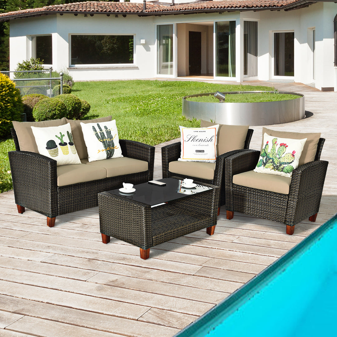 4PCS Cushioned Rattan Conversation Set w/ Coffee Table Patio Outdoor Image 4