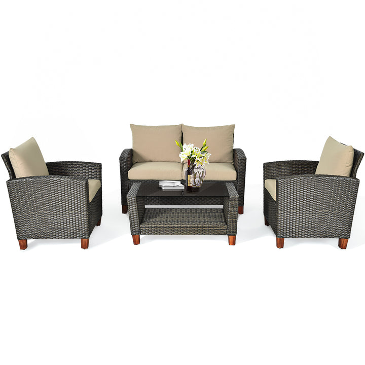 4PCS Cushioned Rattan Conversation Set w/ Coffee Table Patio Outdoor Image 2