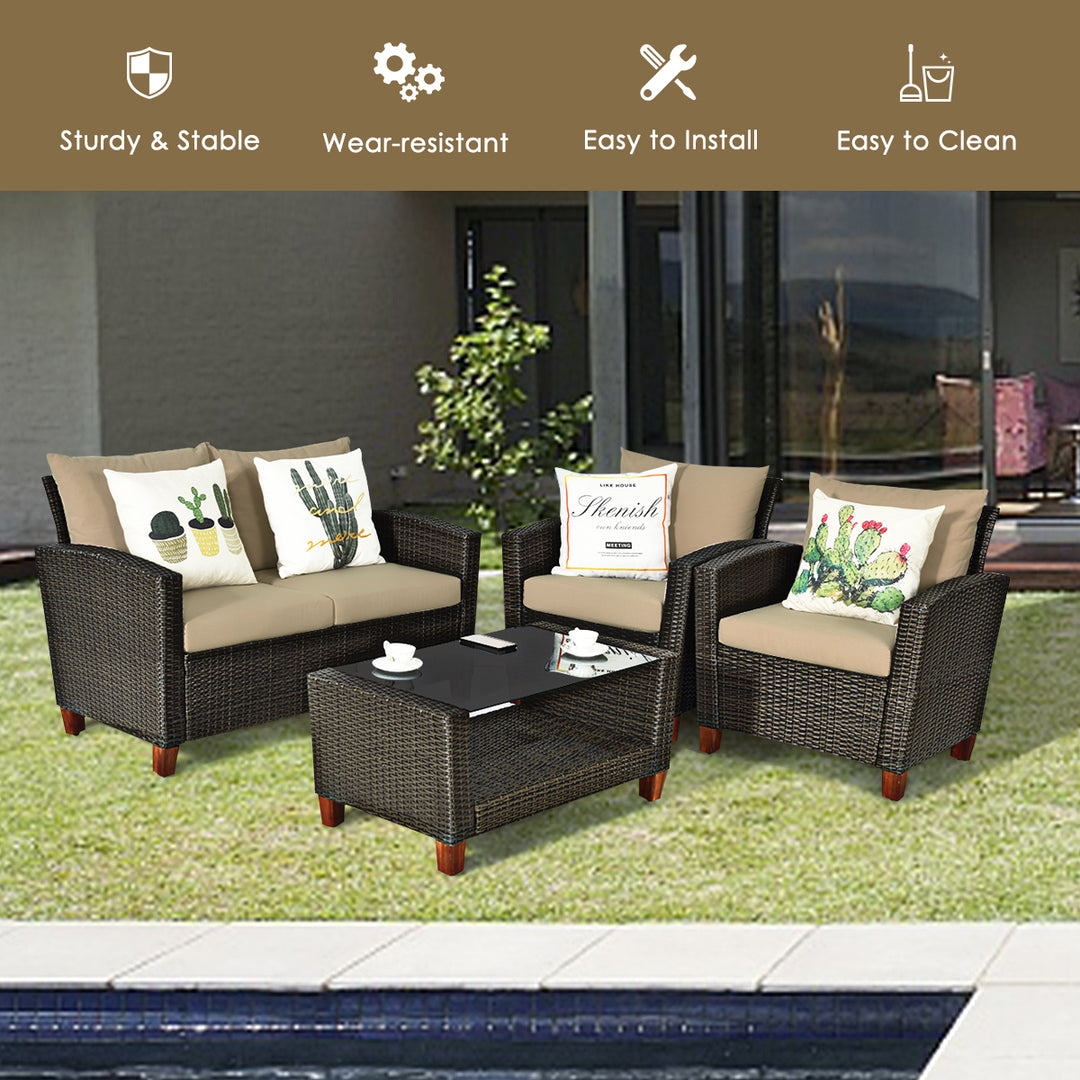 4PCS Cushioned Rattan Conversation Set w/ Coffee Table Patio Outdoor Image 6