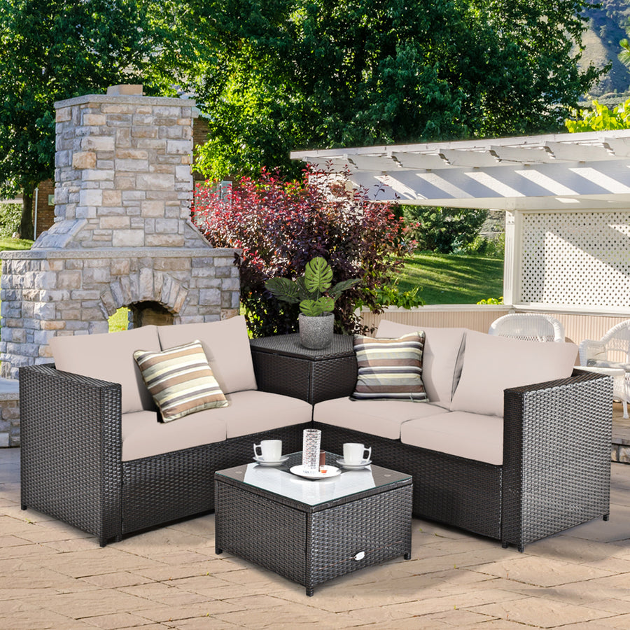 4PCS Cushioned Rattan Patio Conversation Set w/ Coffee Table Side Table Image 1