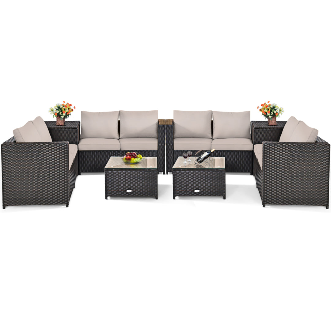 8PCS Cushioned Rattan Patio Conversation Set w/ Coffee Table Side Table Image 2