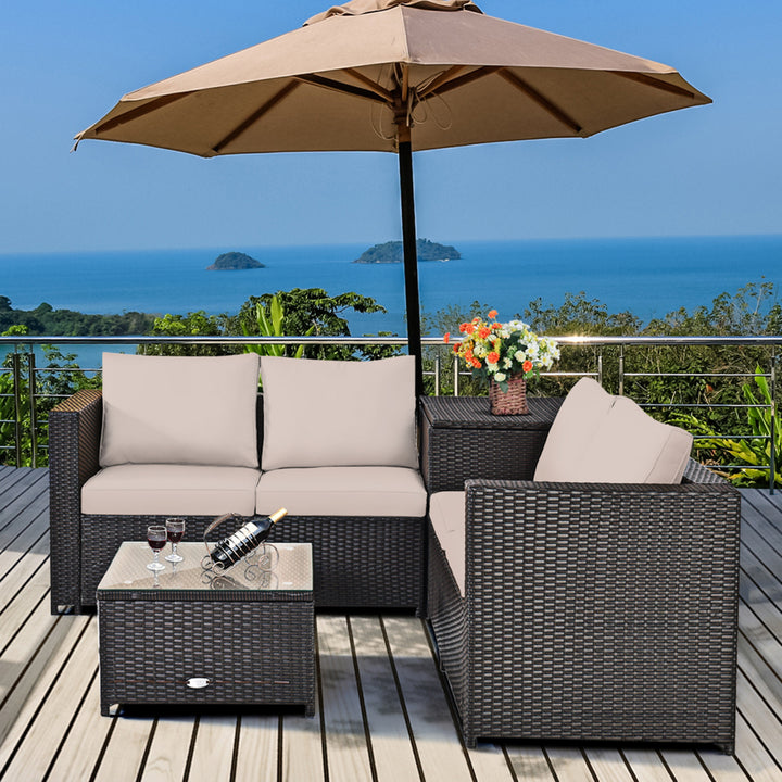 4PCS Cushioned Rattan Patio Conversation Set w/ Coffee Table Side Table Image 3