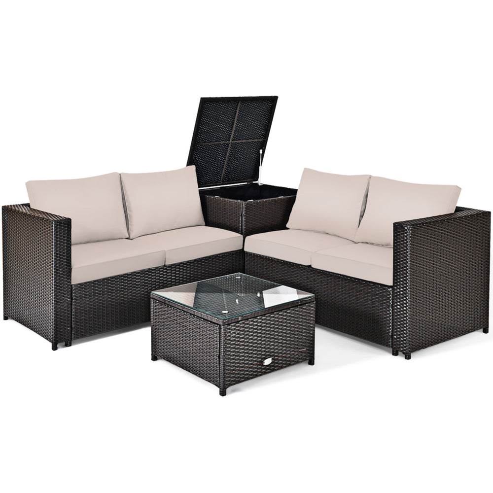 4PCS Cushioned Rattan Patio Conversation Set w/ Coffee Table Side Table Image 2