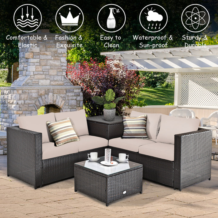 4PCS Cushioned Rattan Patio Conversation Set w/ Coffee Table Side Table Image 7