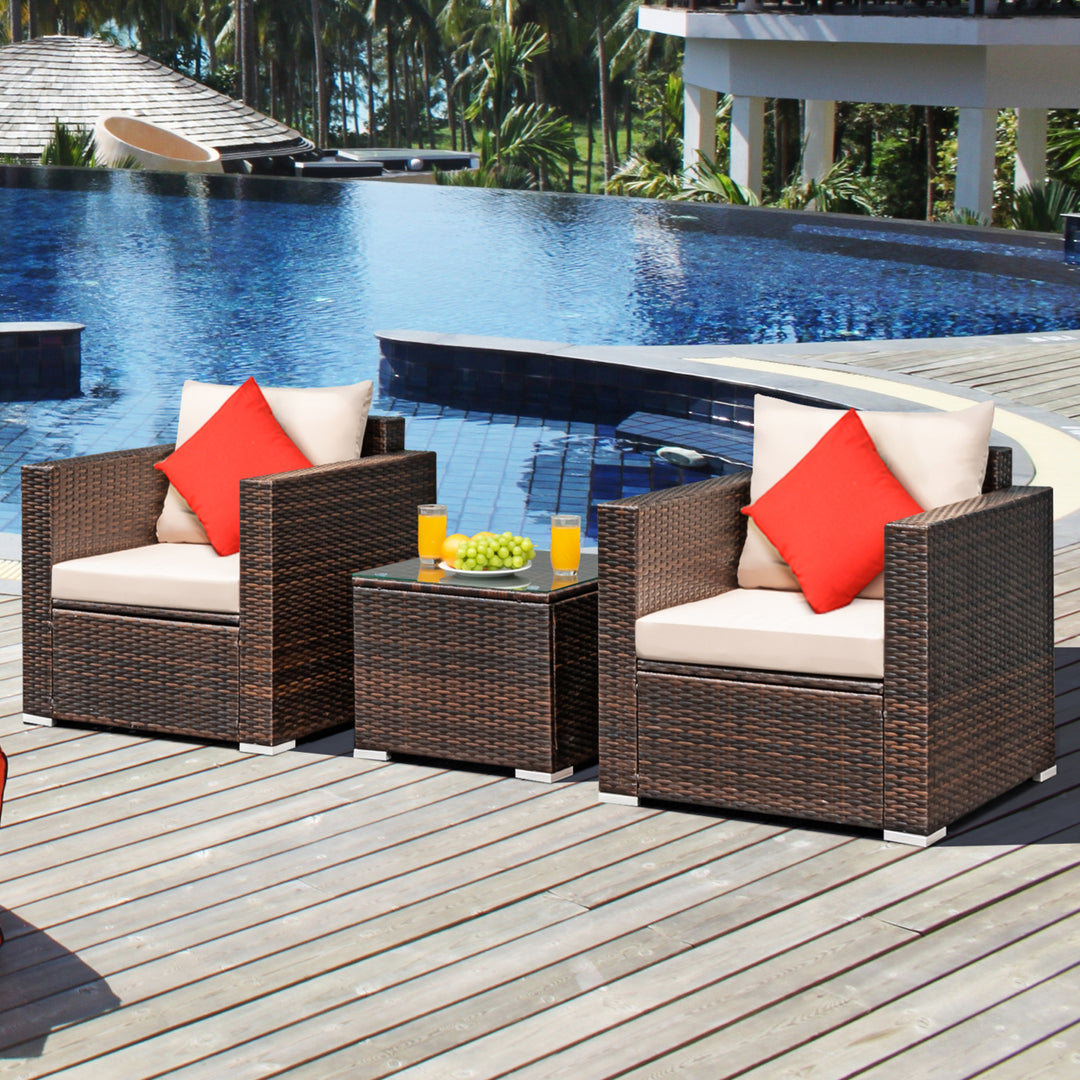 3PCS Patio Rattan Outdoor Furniture Set w/ Cushioned Sofa Coffee Table Image 7