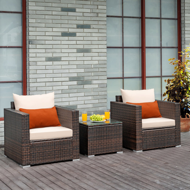 3PCS Patio Rattan Outdoor Furniture Set w/ Cushioned Sofa Coffee Table Image 1