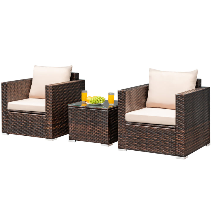 3PCS Patio Rattan Outdoor Furniture Set w/ Cushioned Sofa Coffee Table Image 2