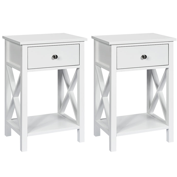 Set of 2 Nightstand Sofa Side End Table X-Design w/ Shelf Drawer White Image 1