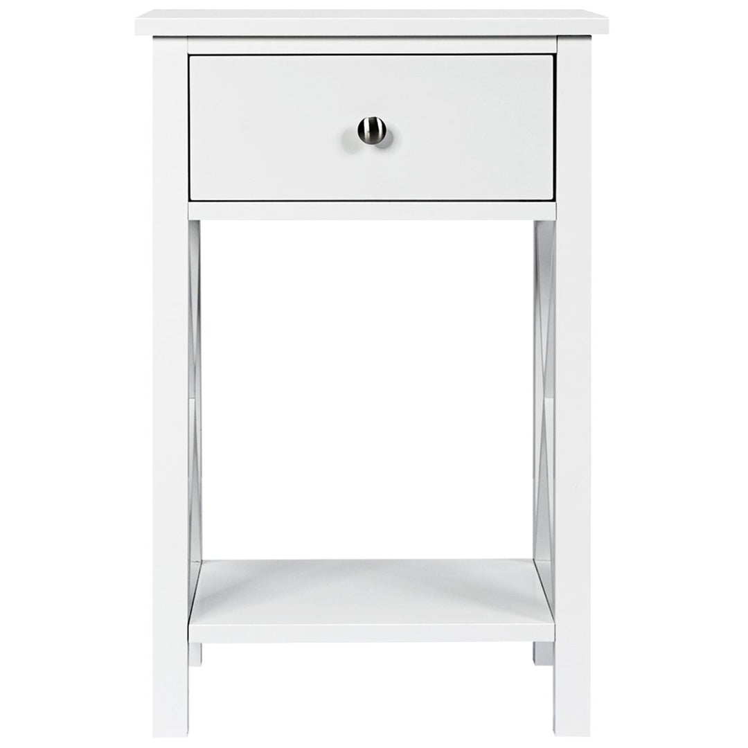 Set of 2 Nightstand Sofa Side End Table X-Design w/ Shelf Drawer White Image 6