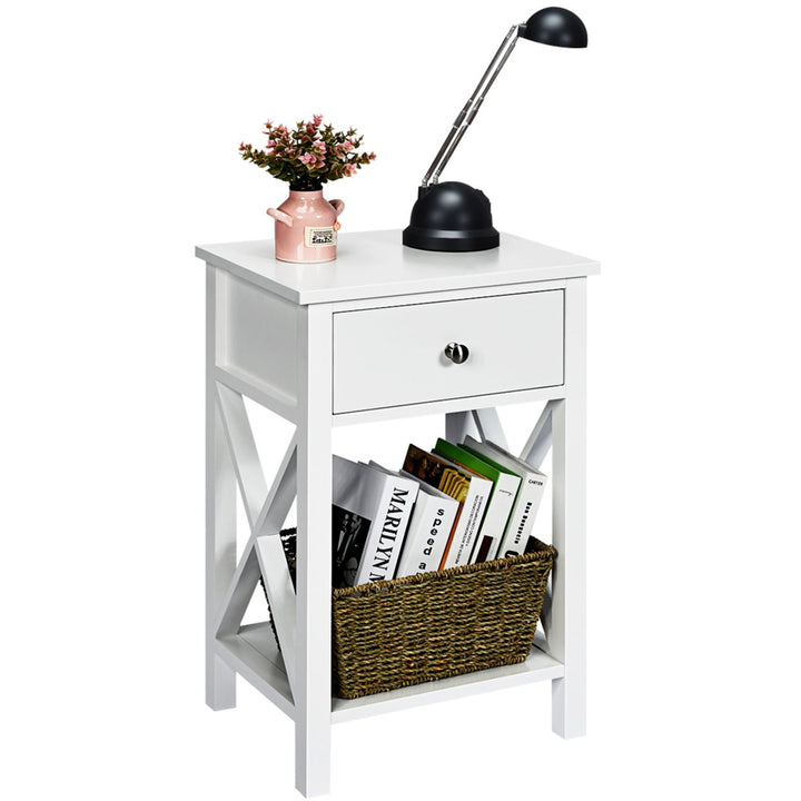 Set of 2 Nightstand Sofa Side End Table X-Design w/ Shelf Drawer White Image 7