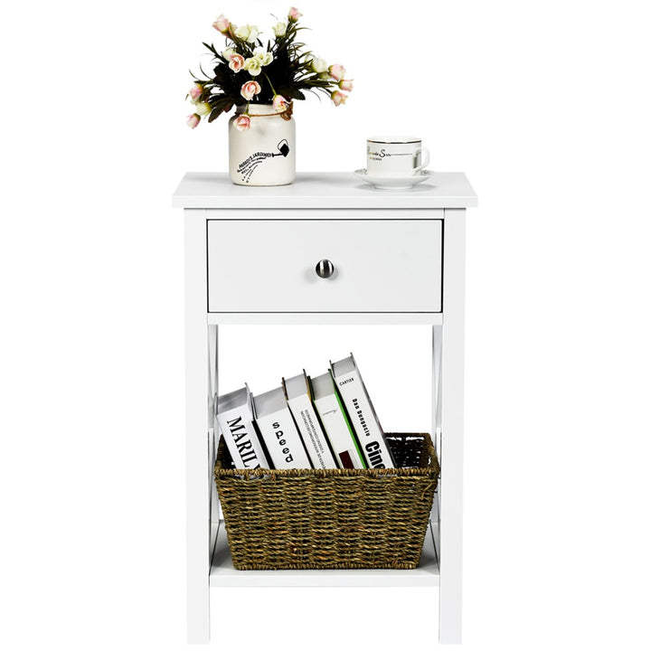 Set of 2 Nightstand Sofa Side End Table X-Design w/ Shelf Drawer White Image 8