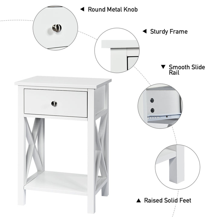 Set of 2 Nightstand Sofa Side End Table X-Design w/ Shelf Drawer White Image 10