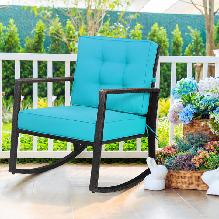 Outdoor Wicker Rocking Chair Patio Lawn Rattan Single Chair Glider w/ Turquoise Cushion Image 1