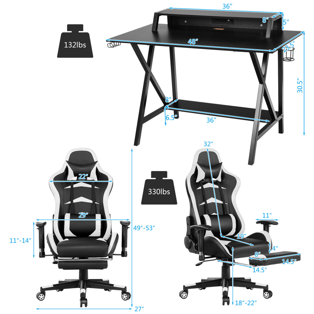 Gaming DeskandMassage Gaming Chair Set w/ Footrest Monitor Shelf Power Strip White Image 2