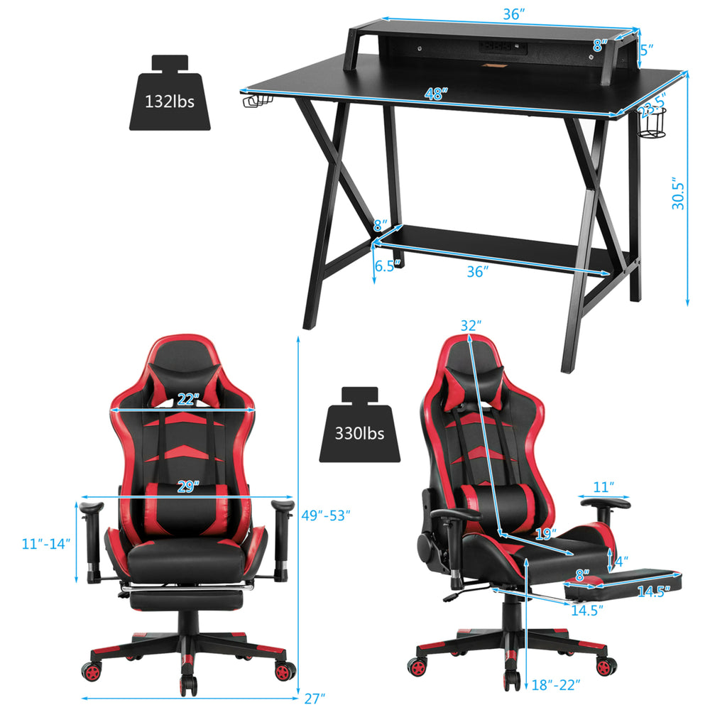 Gaming DeskandMassage Gaming Chair Set w/ Footrest Monitor Shelf Power Strip Red Image 2