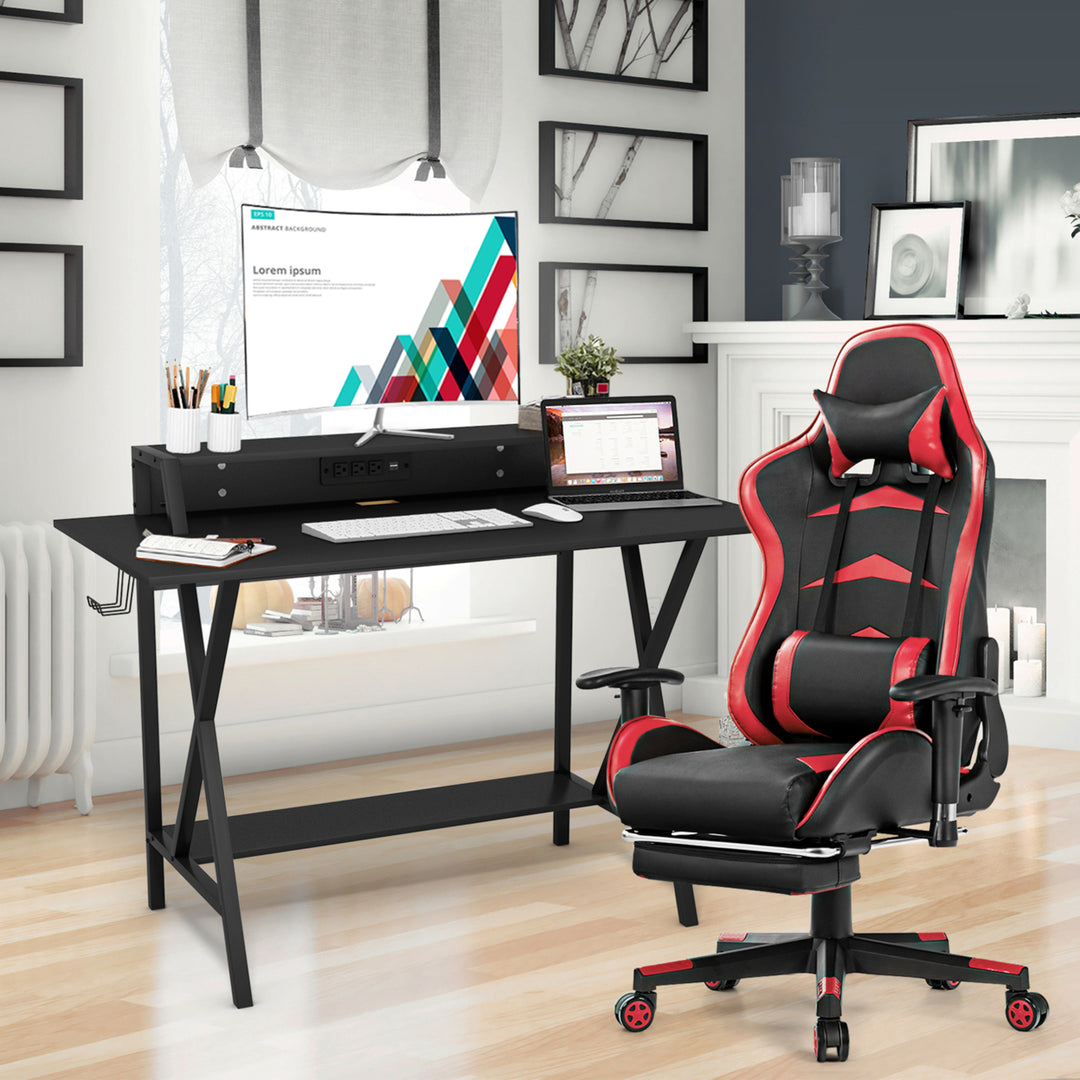 Gaming DeskandMassage Gaming Chair Set w/ Footrest Monitor Shelf Power Strip Red Image 3