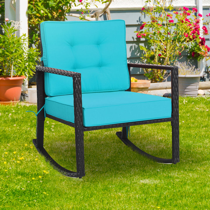 Outdoor Wicker Rocking Chair Patio Lawn Rattan Single Chair Glider w/ Turquoise Cushion Image 4