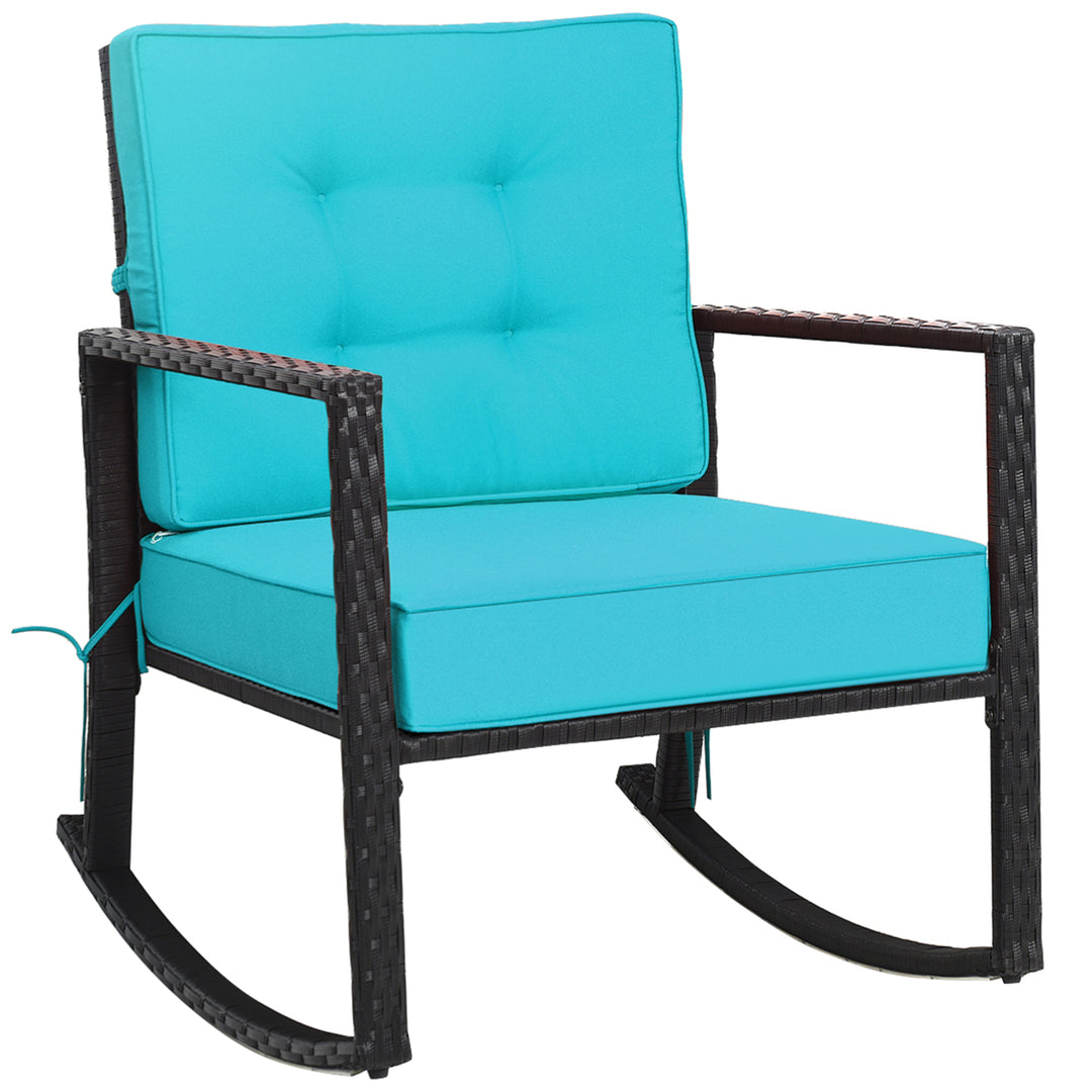 Outdoor Wicker Rocking Chair Patio Lawn Rattan Single Chair Glider w/ Turquoise Cushion Image 2