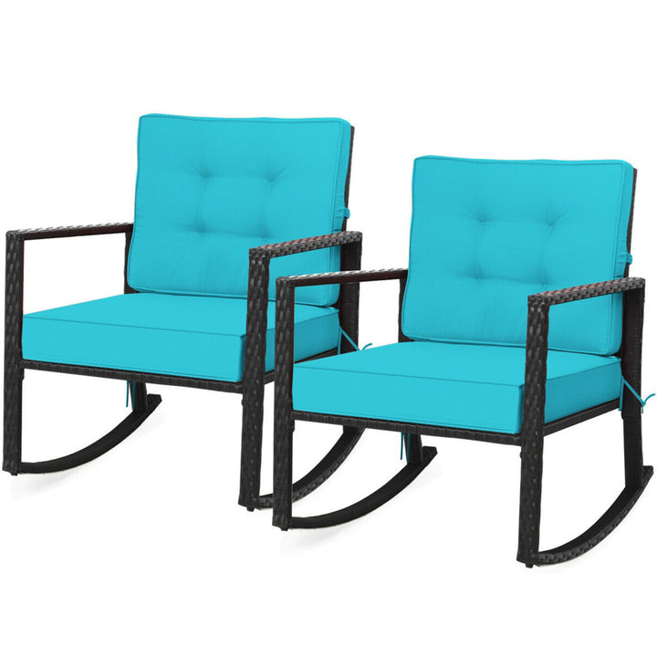 2PCS Outdoor Wicker Rocking Chair Patio Rattan Single Chair Glider w/ Turquoise Cushion Image 1