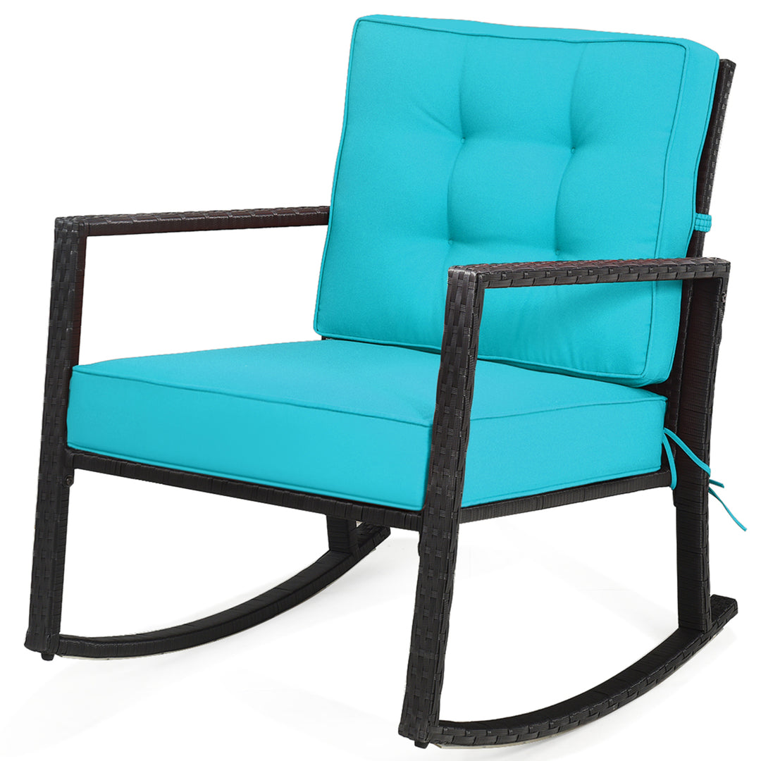 Outdoor Wicker Rocking Chair Patio Lawn Rattan Single Chair Glider w/ Turquoise Cushion Image 6