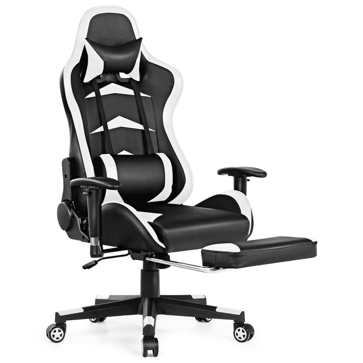 Gaming DeskandMassage Gaming Chair Set w/ Footrest Monitor Shelf Power Strip White Image 6