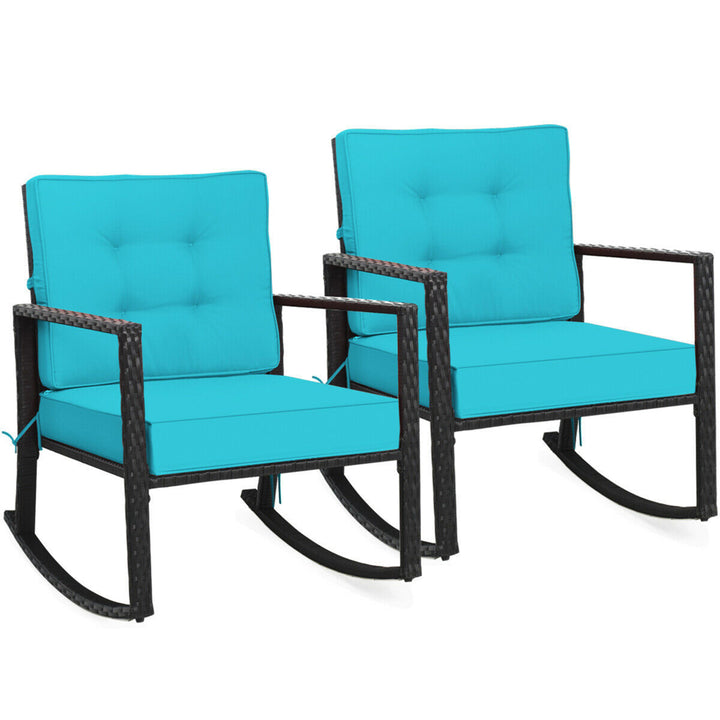 2PCS Outdoor Wicker Rocking Chair Patio Rattan Single Chair Glider w/ Turquoise Cushion Image 3