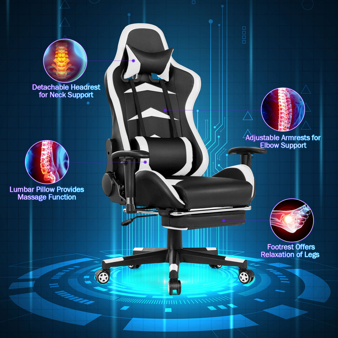 Gaming DeskandMassage Gaming Chair Set w/ Footrest Monitor Shelf Power Strip White Image 8