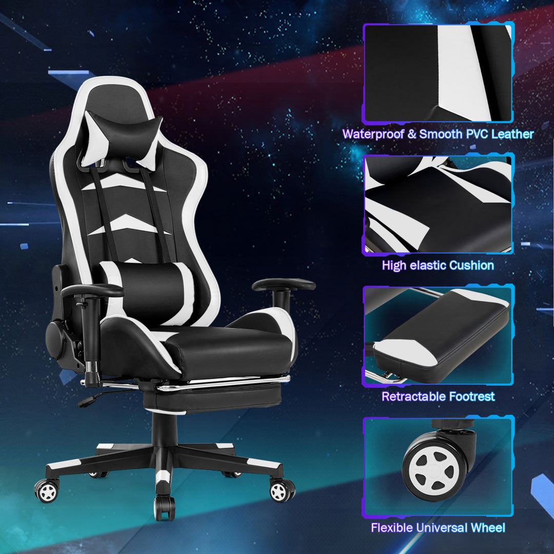 Gaming DeskandMassage Gaming Chair Set w/ Footrest Monitor Shelf Power Strip White Image 9